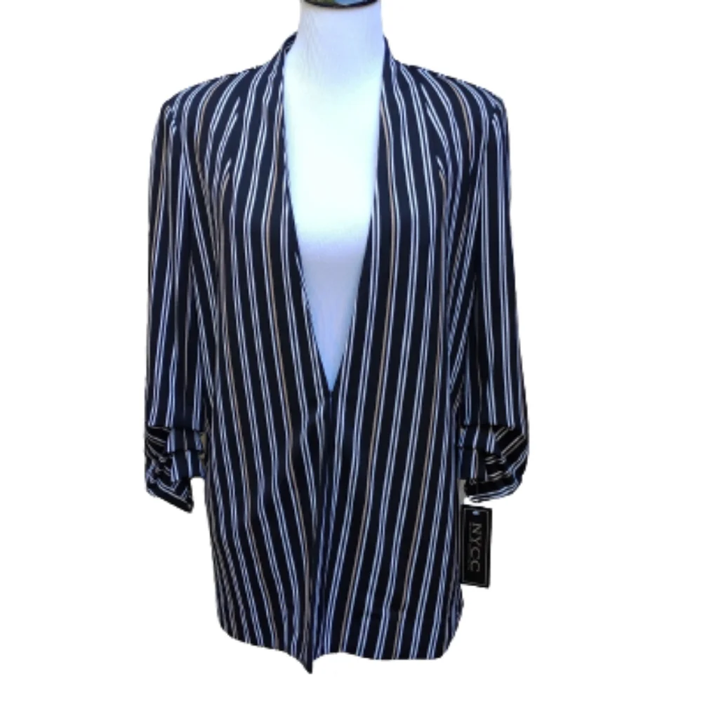 NYCC Black Striped Blazer 3/4 Ruched Sleeves NWT Hook Closure